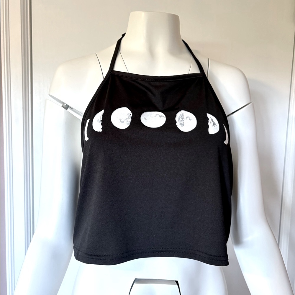 Black Halter Top with Moon Phases Design
